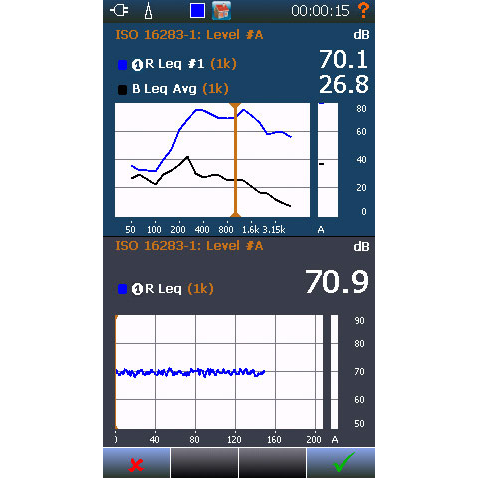 Building Acoustics- Upper frame shows Receiving room level with background noise. Running L/t in lower frame to evaluate if unwanted noise appears in the measurement.